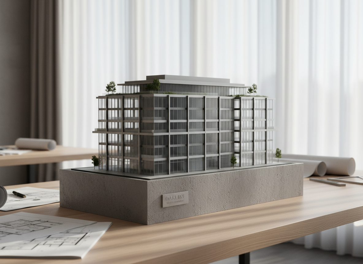 An elegant architectural model of a modern office building, meticulously crafted with clean glass facades and brushed steel accents, stands on a tastefully textured concrete plinth. The setting is a sophisticated, uncluttered workspace with a backdrop of architectural blueprints and neutral-toned surfaces. Soft, natural daylight filters in from a large window, casting diffused highlights and gentle shadows that emphasize the crisp lines and geometric structure. The mood is calm, professional, and refined, captured at eye level with a sharp focus throughout to highlight the thoughtful details. The image embodies photographic realism with a structured, minimalist composition, perfectly aligning with Oakline Development’s commitment to quality and professionalism in real estate design.