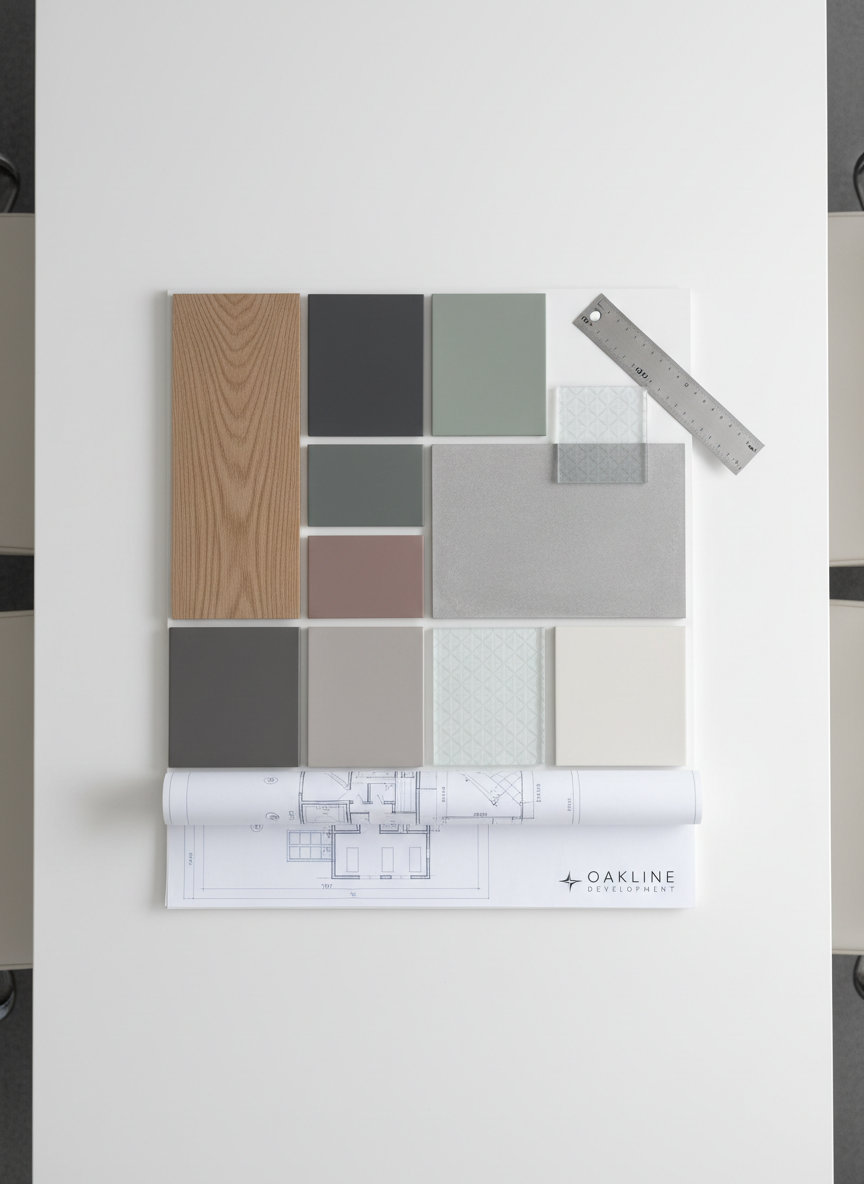 A precisely organized architectural materials board showcasing samples of brushed oak wood, soft-touch matte paint swatches, muted concrete, and subtly textured glass. Set on a crisp white conference table with balanced spacing, a faint blueprint sketch and a stainless steel ruler complete the environment. Overhead, controlled studio lighting provides even illumination, creating crisp clarity and soft shadows that define each material’s texture. The mood is focused and refined, captured from a top-down, bird’s-eye view to emphasize structure and order. The style is clean and photographic, perfectly articulating Oakline Development’s methodical, design-driven ethos in property development and management.