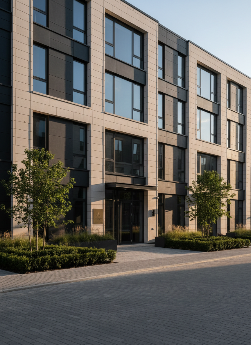 A row of contemporary mixed-use buildings with elegantly balanced facades clad in light stone and textured charcoal panels, framed by manicured hedges and neatly paved walkways. The scene is set in a tranquil urban streetscape with neutral tones and thoughtfully planted greenery. Early morning natural light bathes the exteriors, creating gentle shadows and accentuating architectural details. The mood is serene and aspirational, captured at a slightly elevated angle for a clear, unfussy composition that emphasizes the harmonious integration of commercial and residential spaces. The style is photographic, structured, and clean, reflecting Oakline Development’s boutique approach to quality ownership and urban design.