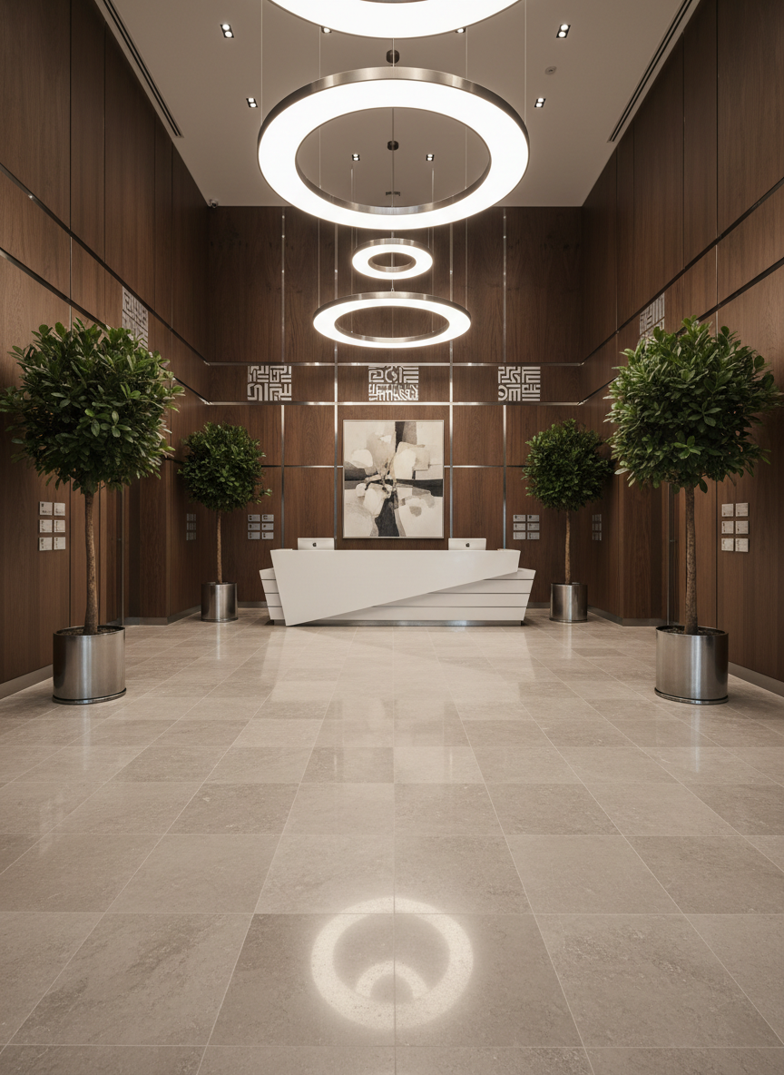 A meticulously maintained, high-end lobby interior featuring pristine Belgian limestone floors and dark oak wall panels, accented by minimalist stainless steel signage. The environment is open and airy, with neat potted ficus trees flanking a sleek, architectural reception desk. Overhead, diffused pendant lighting casts soft, even illumination, creating subtle shadows that lend depth to the neutral color palette. The mood is welcoming and professional, shot from a wide-angle perspective to capture the structured, balanced layout and clean lines. The aesthetic is photographic and modern, providing an immediate sense of Oakline Development’s attention to tenant experience and sophisticated property management.