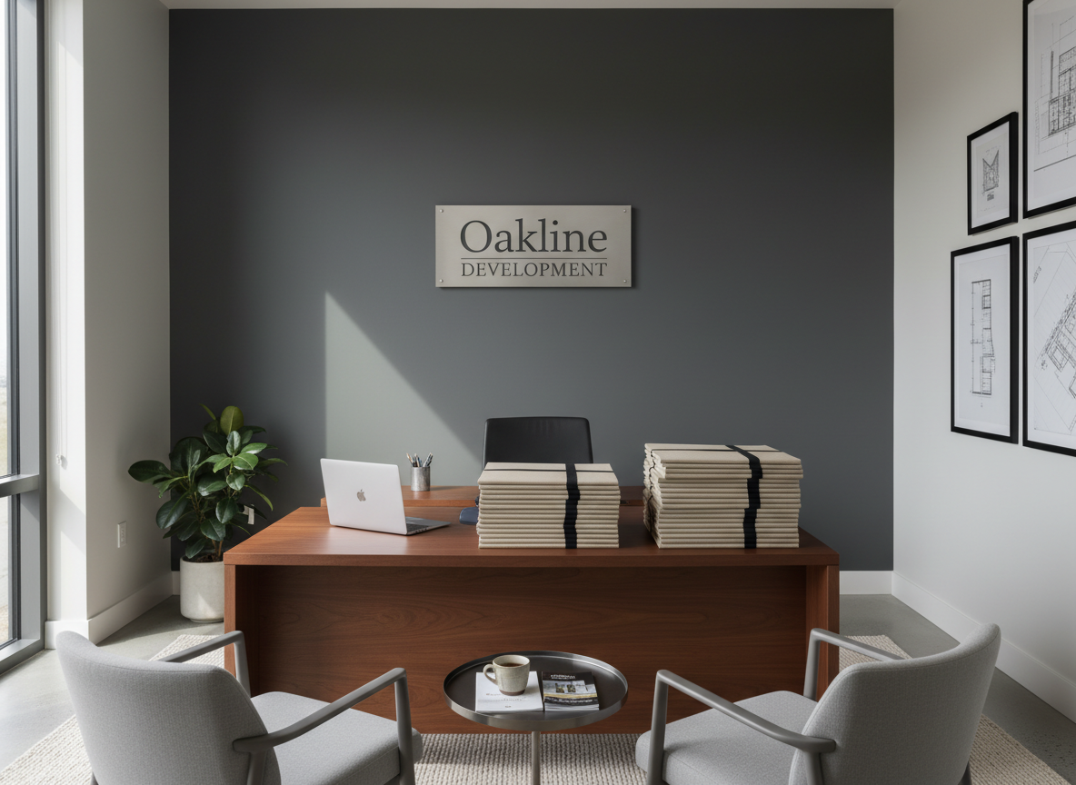 A sophisticated, well-appointed property management office featuring a minimalist mahogany desk, a closed silver laptop, and a neatly arranged stack of architectural portfolios. Behind the desk, a matte charcoal wall hosts a discrete Oakline Development plaque. The setting is distinctly corporate yet welcoming, with natural, indirect daylight creating a soft glow and casting subtle shadows that highlight clean surfaces. The mood is professional and composed, shot at eye-level for a balanced, symmetrical composition. The photographic, modern style aligns perfectly with the brand’s emphasis on professionalism and attentive tenant relations in boutique real estate management.